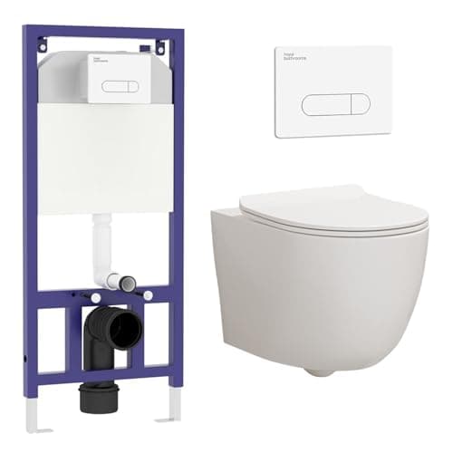 Image of Wall Hung Toilet Pan Dual Concealed Cistern Frame Soft Close Seat & White Flush Plate Abacus Rimless Toilet