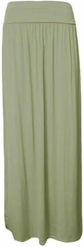 Image of WearAll Ladies Full Length Long Skirts for Women Plus Size High Waist Fold Over Womens Pleated High Waisted Elasticated Plain Gypsy Casual Stretchy Maxi Skirt Khaki 24-26