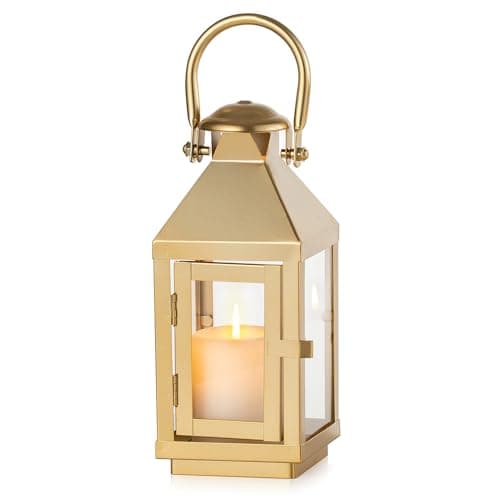 Image of NUPTIO Gold Lanterns Decorative Indoor: 22cm Tall Metal Garden Lantern with Glass for Pillar Candle - Fireplace Decor for Christmas Home Living Room Mantle Porch Wedding Table