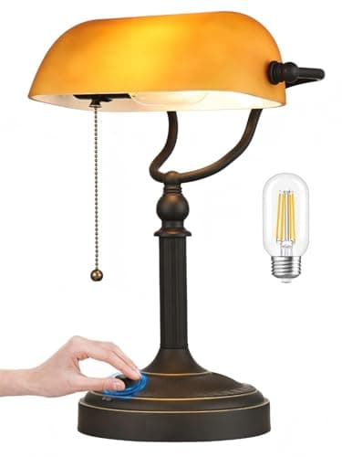 Image of Newrays Matted Amber Glass Bankers Desk Lamp, Stepless Dimmable Table Lamp Plug in Fixture for Study, Home Office,Library, LED Bulb Included