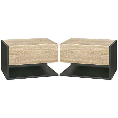 Image of HOMCOM Floating Bedside Table Set of 2, Modern Wall Mounted Bedside Cabinet with Drawer and Open Shelf, Bedroom Nightstand, 46 x 30 x 30 cm, Oak Tone