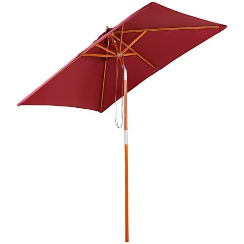 Image of Outsunny 2m x 1.5m Garden Parasol Umbrella with Tilting Sunshade Canopy, Outdoor Market Table Umbrella with Wood and Bamboo Frame, Wine Red