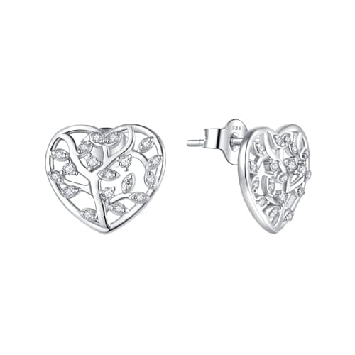 Image of 925 Sterling Silver CZ Tree of Life HEART Shaped Stud Earrings - Rhodium Overlay
