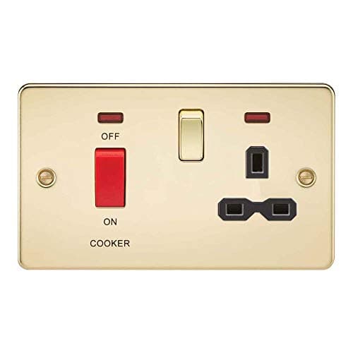 Image of Knightsbridge FPR8333NPB Flat Plate DP Switch and Switched Socket with Neon, Polished Brass with Black Insert, 45 A/13 A