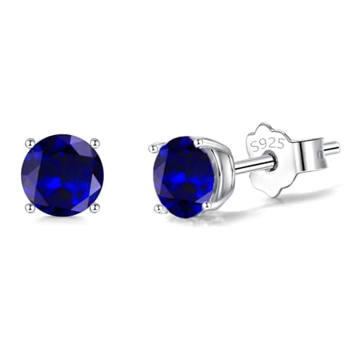 Image of Silver Stud Earrings for Women Girls, Sterling Silver Sapphire Cubic Zirconia Small Stud Earrings Hypoallergenic Faux Round Diamond Studs Sleeper Earrings for Her Birthday Christmas Gifts, 6mm