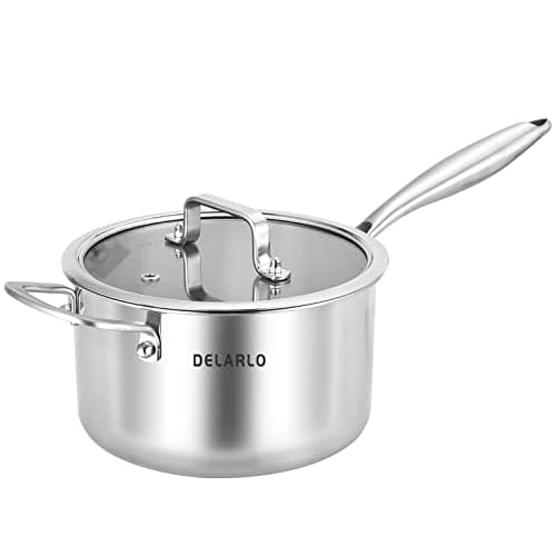 Image of DELARLO Tri-Ply Stainless Steel Saucepan 3.5 Quart With Lid, Induction Cooking Sauce Pot Sauce Pans, Heavy Bottom Saucier Pot Cookware, Dishwasher Safe & Oven Safe, 3.5QT, Silver