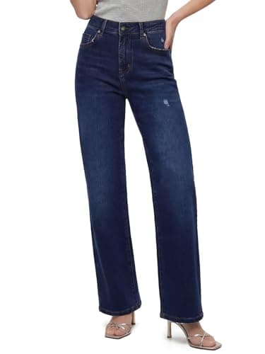 Image of Chasehot Straight Leg Jeans for Women, High Waisted Stretchy Ripped Jeans Relaxed-fit Trendy Wide Leg Boyfriend Mom Cute Ladies Denim Pants, 30 Inch Inseam-Dark Indio Wash-Size 16