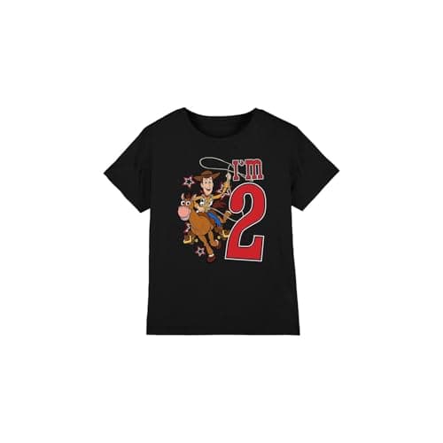 Image of Toy Story Boys Birthday Woody I'm 2 Unisex Kids T-Shirt, Black, 3-4 Years UK