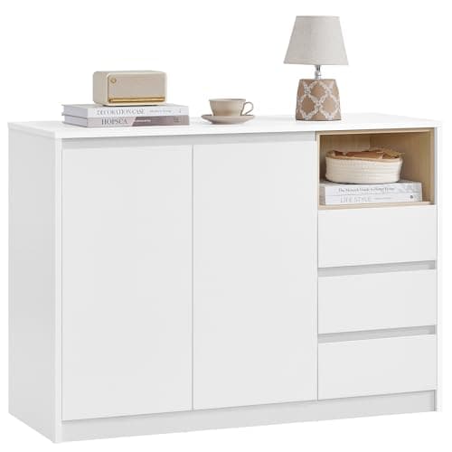 Image of VASAGLE KAILYN Collection - Sideboard, Storage Cabinet with Doors, 3 Drawers and Adjustable Shelf, 40 x 103.3 x 74.5 cm, for Living Room, Kitchen, Study, Cloud White BBK273W21V1