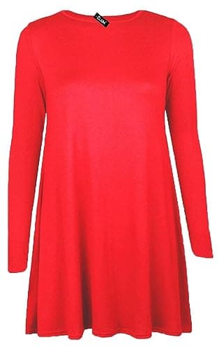 Image of Shop Nova® Women Long Sleeves Round Neck Stretch Swing Skater Flared Dress Ladies Midi Length Top Plain & Printed Casual Summer Wear Dresses UK 8-26 (Red, 16)
