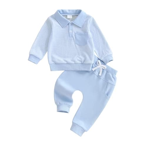 Image of Vioyavo Toddler Boy Spring Fall Outfits Plaid Print Long Sleeve Lapel Sweatshirt Tops Elastic Waist Long Pants 2Pcs Tracksuit Clothes Sets (Blue, 12-18 Months)