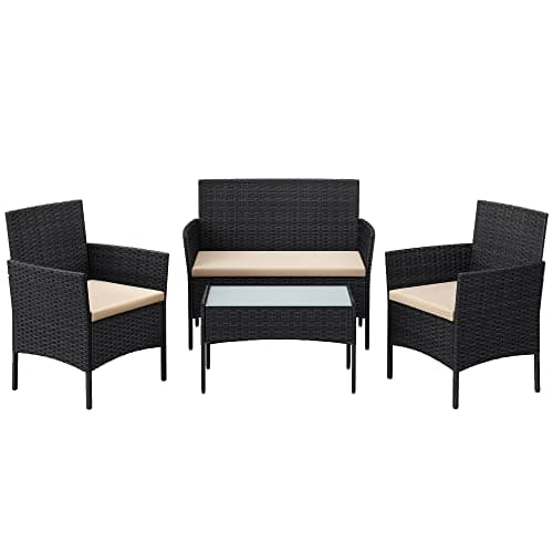 Image of SONGMICS Garden Furniture Sets, Polyrattan Outdoor Patio Furniture, Conservatory PE Wicker Furniture, for Patio Balcony Backyard, Black and Taupe GGF002B01