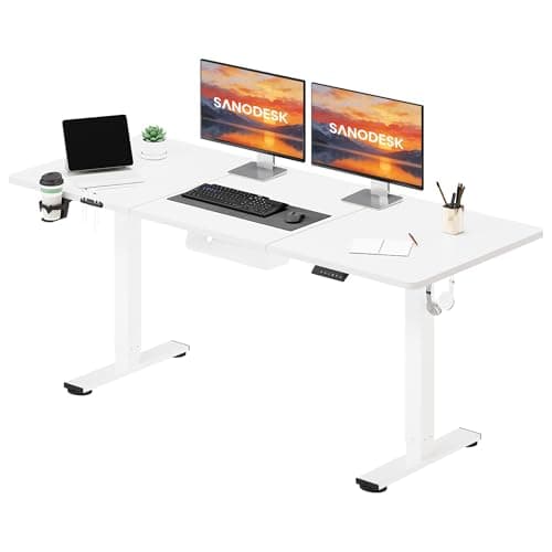 Image of SANODESK 160 * 60 Electric Standing Desk Height Adjustable Desk With Hooks and Cupholder Sit Stand Desk with Cablemanagement Tray, Underdesk Storage Box and 4-Memory Smart Pannel for Home and office