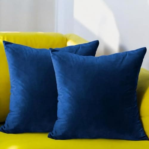 Image of Seechoo Velvet Cushion Covers, Set of 2, 45cm x 45cm, 18x18 Inch, 17 Colours, Extra Soft Plush, Decorative, Invisible Zipper (Royal Blue)