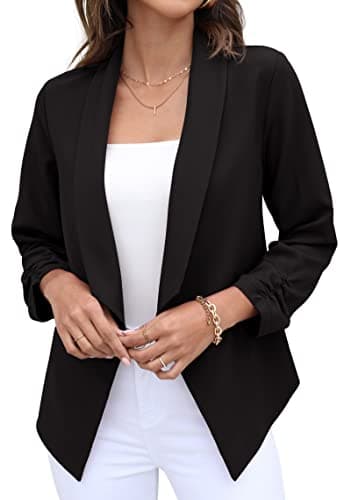 Image of GRECERELLE Womens Blazer Suit Open Front Cardigan 3/4 Ruched Sleeve Casual Work Office Cropped Blazer Jacket for Ladies (Black, US 14= UK16-18)