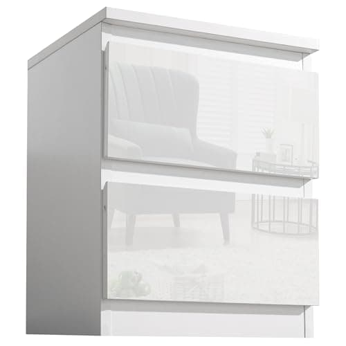 Image of Generic High Gloss White Chest of Drawer, 2 Drawer Bedroom Chest of Drawer with Metal Runner Bedside Table and Night Stand Cabinet for Bedroom Living Room Furniture, 33W x 32D x 41H cm