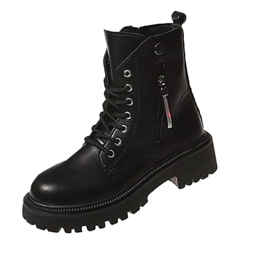 Image of Black Ankle Boots Women Waterproof Ladies Walking Ankle Boots Motorcycle Work Lace Up Womens Black Platform Leather Walking Motorbike Booties