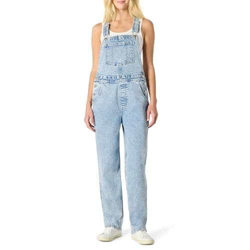Image of Amazon Essentials Women's Medium Stretch Denim Relaxed-Fit Straight Leg Dungarees, Iced Blue Light Wash, XL