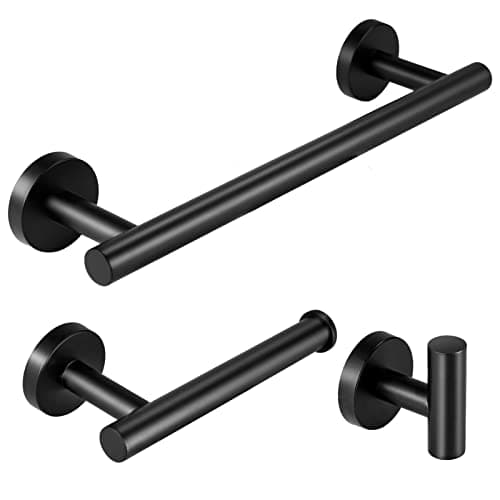 Image of YUET Black Bathroom Accessories Accessory Bars Set Hand Towel Holders Ring Rails For Bathrooms SUS 304 Stainless Steel Hardware Wall Mounted Rack, 12" Bath Bar + Toilet Paper Holder + Robe Hook