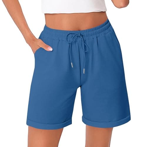 Image of Litherday Women's Running Shorts Casual Lounge Bottoms Summer Adjustable Sweat Shorts for Sports with Pockets Elastic Waisted Ladies Cotton Short Workout Gym Jogger Royal Blue L