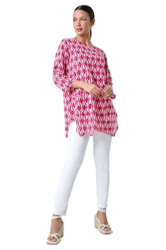 Image of Roman Geometric Pocket Detail Longline Cotton Top for Women UK - Ladies Everyday Holiday Spring Summer Round Neckline Comfy Soft Evening Vacation Work Party - Pink - Size 16