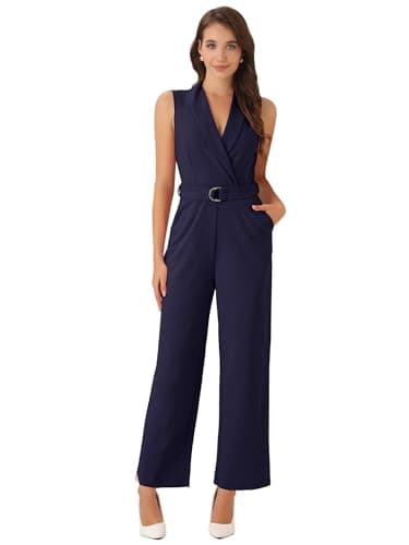Image of Allegra K Women's Work Jumpsuit Formal Office One Piece Sleeveless Belted 2024 Jumpsuits Dressy Romper Navy Blue XL