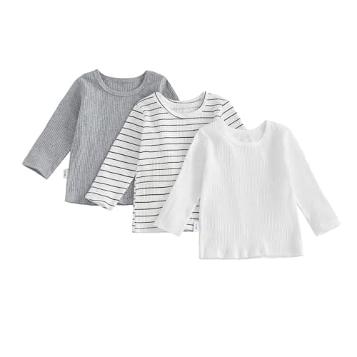 Image of Toddler Kid Boys 3 Pack Shirt Solid/Striped Long Sleeve Round Neck T-Shirt Tops Spring Fall Cotton Pullover Baby Boy Top (White, 12-18 Months)
