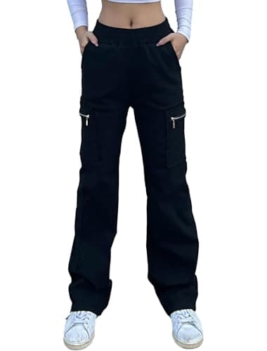 Image of Nuofengkudu Black Cargo Trousers Women Combat Zipper Pockets Stretch Straight Wide Leg Ladies Elasticated Waist Work Pants Teen Girls Loose Y2K Gothic Vintage Pull on Bottoms Streetwear Casual M