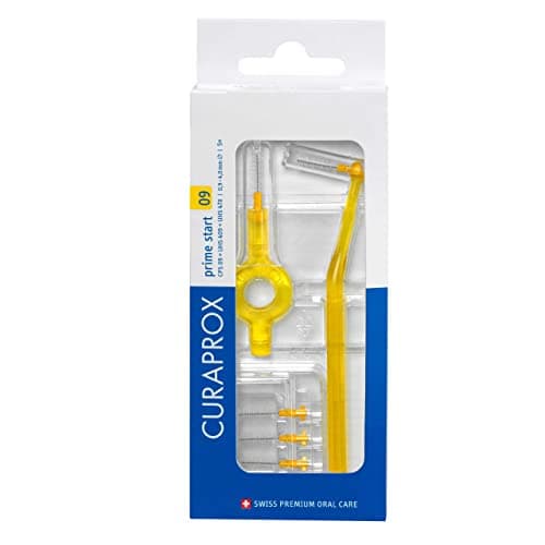 Image of Curaprox CPS 09 Prime Start Interdental Brush Set | Starter Set with 5 Brushes | 2 Different Holders | Yellow | 0.9 mm Diameter|4 mm Efficiency | Made in Switzerland