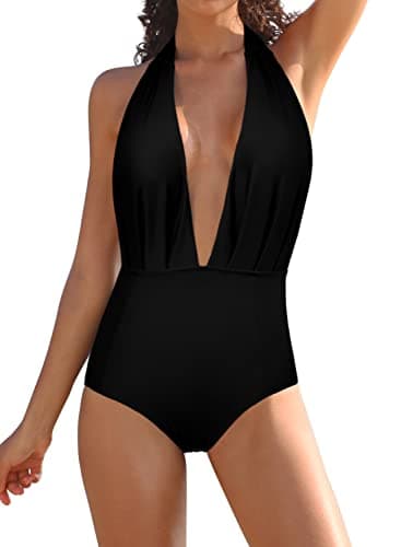 Image of SHEKINI Women's Low Back Swimsuit Sexy Deep V Neck Beach Swimwear Padded Backless Halter Swimming Costume, Black, Medium