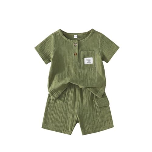 Image of XIXIMAON Toddler Baby Boy Summer Outfits Pocket Short Sleeve Button Up T-Shirt Solid Color Elastic Waist Shorts 2pcs Infant Cotton Linen Clothes Set (Army Green, 9-12 Months)