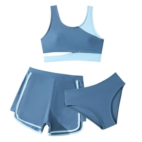 Image of Xumplo Girls 3 Piece Bikini Set Young Kids Color Block Swimming Costume with Shorts Bathing Suit Tweens Surfing Swimwear 10-12 Years Blue