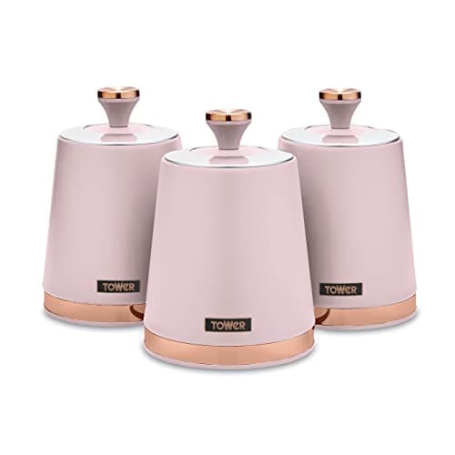 Image of Tower T826131PNK Cavaletto Set of 3 Storage Canisters for Tea/Coffee/Sugar, Steel, Marshmallow Pink and Rose Gold, One Size