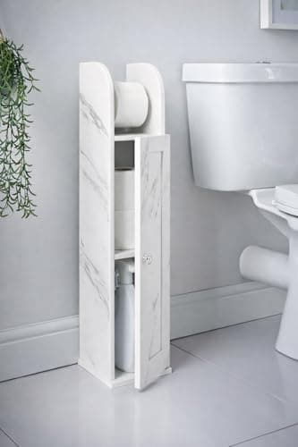 Image of Marble Effect Freestanding Toilet Roll Holder & Storage Cabinet | Slim Bathroom Organiser | Space Saving Tissue Storage Cupboard with Shelf | Floor Standing Unit (18 x 20 x 78cm)