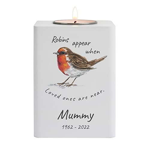 Image of Personalised Robins Appear White Wooden Tea light tealight Holder Christmas Memorial Remembrance