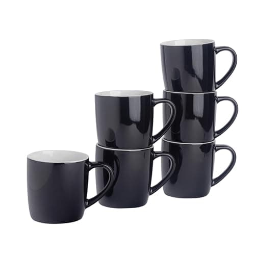 Image of Argon Tableware Coloured Coffee Mugs - Black - 350ml - Pack of 6 - Gloss Ceramic Stoneware Latte Cappuccino Cups Hot Chocolate Cups Colourful Mug Set with Handle