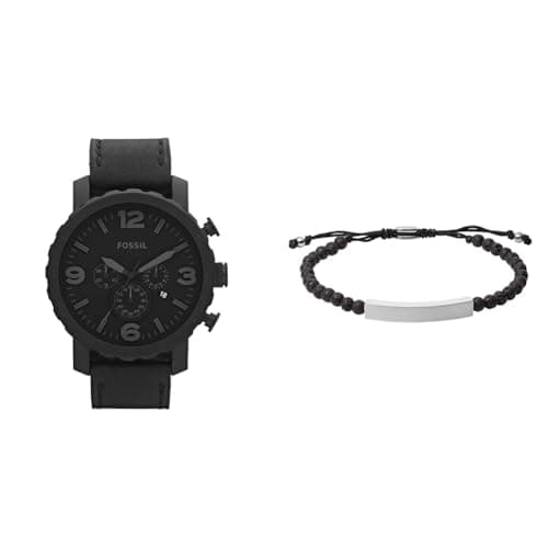 Image of FOSSIL Men's Nate Black Leather Watch and Ellis Semi-Precious Bracelet, Set