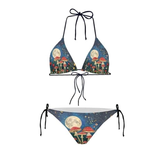 Image of Dremagia Women Two Piece Swimsuit Sexy Swimwear Halter String Triangle Bikini Sets, Moon Mushroom Star, S