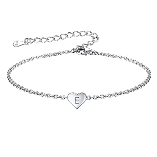 Image of FOCALOOK Silver Initial Bracelets for Women Teengirls 925 Sterling Silver Ladies Dainty Heart Love Bracelet Adjustable Chain (E)