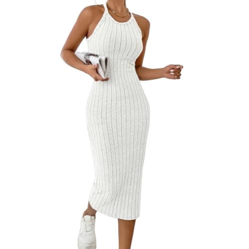 Image of Jersey Dresses for Women UK Summer Halter Neck Sleeveless Maxi Dress Ladies Casual Beach Holiday Boho Knitted Sundress Comfy Solid Color Ribbed Knit Jumper Dresses Backless Slim Fit Sexy Bodycon