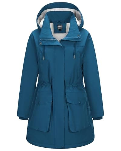 Image of Outdoor Ventures Women's Waterproof Coat with Hood Long Winter Windproof Parka Jacket Ladies Thicken Warm Windbreaker Outdoors Raincoat for Hiking Traveling Walking Ceramic Blue XS