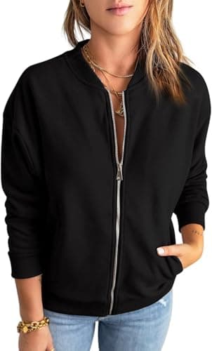 Image of YUTILA Bomber Jacket Women's Blouson Jacket Casual Sweat Jacket with College Collar, black, L