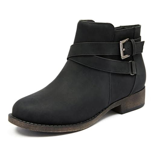 Image of Ataiwee Women's Ankle Boots - Classic Side Zip, Comfortable Platform, Cover with Buckle Strap, Round Toe, Low Chunky Heel Comfort Slip On Fashion Black Boots.(PU,9 UK)
