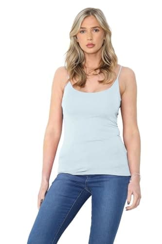 Image of Hamishkane® Womens Plain Bodycon Cami Strappy Sleeveless Tank Tops, Slim Fitted Scoop Neck Vest Tops Women UK, Stretchy Gym Wear, Casual Summer Ladies Vest Sky Blue