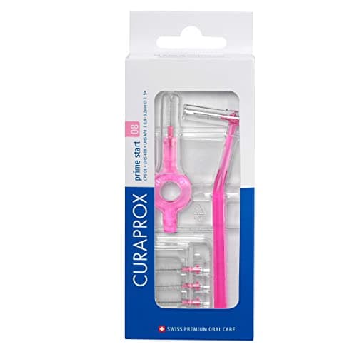 Image of Curaprox CPS 08 Prime Start Interdental Brush Set | Starter Set with 5 Brushes | 2 Different Holders | Pink |0.8 mm Diameter |3.2 mm Efficiency | Made in Switzerland