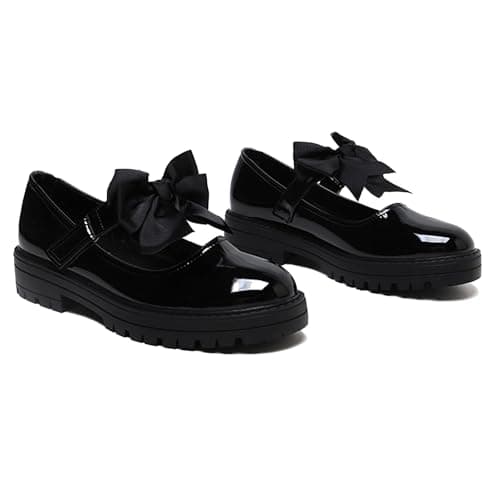 Image of Gizelle® Girls Patent Black Mary Jane School Shoes with Detachable Bow On Strap - Toddler Kids Back to School Comfortable Anti-Slip Uniform Flat Shoes UK-8uk