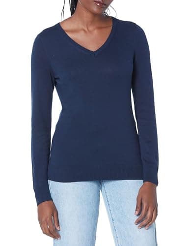 Image of Amazon Essentials Women's Regular-Fit Lightweight V-Neck Long-Sleeve Jumper (Available in Plus Size), Navy, M