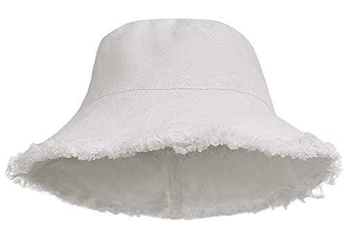 Image of Bucket-Hat-Distressed Sun-Protection Washed-Cotton Beach-Sun-Hat - Summer-Wide-Brim(3.2inch Brim) Beach-Cap(Size:S-M), White, One Size