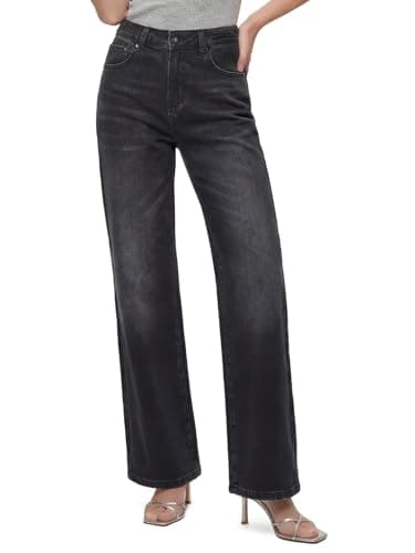 Image of Chasehot Straight Leg Jeans for Women, High Waisted Stretchy Jeans Relaxed-fit Trendy Wide Leg Boyfriend Mom Cute Ladies Denim Pants, 30 Inch Inseam-Black-Size 16