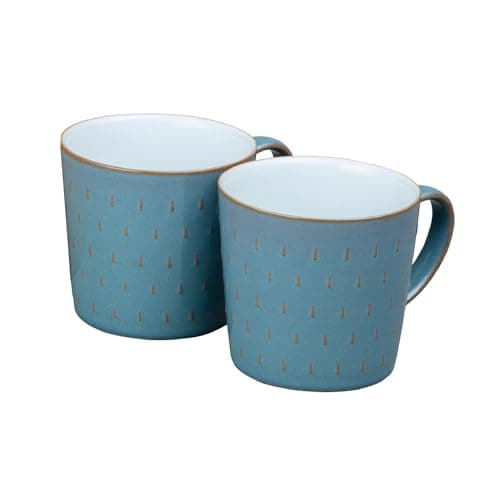 Image of Denby - Azure Blue Patterned Coffee Mug Set of 2-400ml Large Stoneware Ceramic Cascade Tea Mug Set for Home & Office - Dishwasher Safe, Microwave Safe - Blue, White, Brown - Chip Resistant